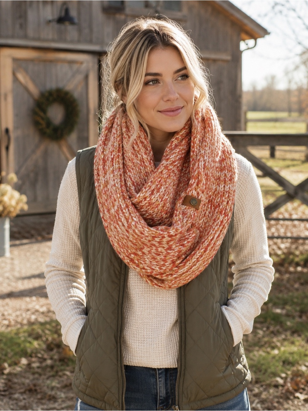 NWT Frye & Co Orange Tan Cream Knit Infinity Scarf Cozy Winter Wrap OS